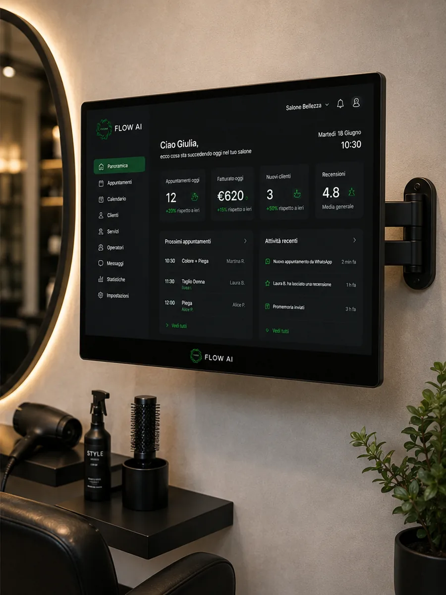 Display All-in-One FLOW AI da 15/16 pollici montato a parete con staffa VESA in un salone di parrucchiere